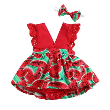 Citgeett Summer Infant Baby Girls Watermelon Print Clothes Set Sleeveless Deep V-образно деколте Short Jumpsuit + Bow-възел лента за глава