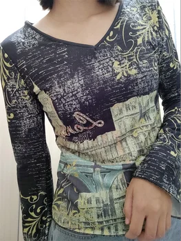 Дамска тениска Реколта готически модел дълъг ръкав тънък годни чай върховете пролет есен случайни Y2K естетически ризи улично облекло