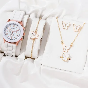 5/2PCS комплект луксозен часовник жени пръстен огърлица обеци кристал ръчен часовник женски случайни дамски часовници гривна часовник (без кутия)