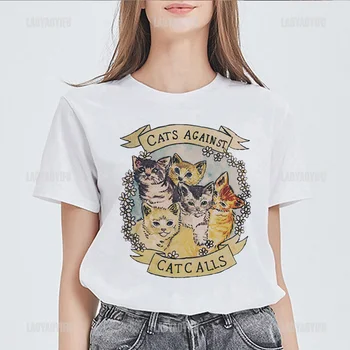 Hot Продажба Женска тениска Основни Потър котки О-образно деколте къс ръкав печат Harajuku върховете жени тениска случайни Kawaii дами тениска
