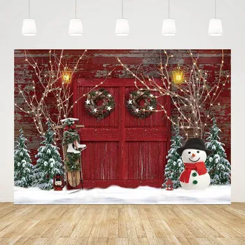 Mehofond Коледа Red Barn врата фотография фон зима снежен човек Коледа венец фон за деца портрет Photozone студио