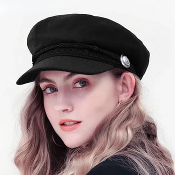 Реколта пачуърк барета жени зимна шапка френска вълна хлебар шапка сенник военни осмоъгълна шапка за слънце черни шапки