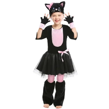 Сладко дете Детски момичета Мис Кити костюм за тийнейджърка Розова черна котка рокля костюм Хелоуин карнавал парти Mardi Gras Cosplay
