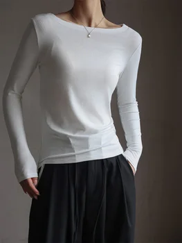 Есен Дамски тениски Модален наслояване върховете плътен цвят секси наклонена черта врата тънък класически елегантен Корея зимата женска блуза