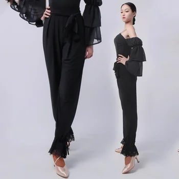 2023 Нови латино танцови панталони за жени Черен еластичен панталон с цветни пъпки Chacha Rumba Tango Dress Adult Latin Dance Wear DN14467