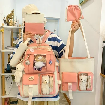 5бр Нови модни комплекти Детска ученическа раница Сладък дамски чанта за книги Чанта за лаптоп за тийнейджъри Момичета Студентска чанта Раница 2023