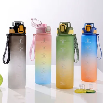 1 литър спортна бутилка за вода с маркер за време Непропусклива чаша Мотивационна преносима бутилка за вода за открит спорт фитнес