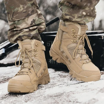 Армейски ботуши Мъжки военни ботуши Кожени тактически ботуши Специални сили Борба Мъжки зимни ботуши Горещи топли снежни ботуши със страничен цип