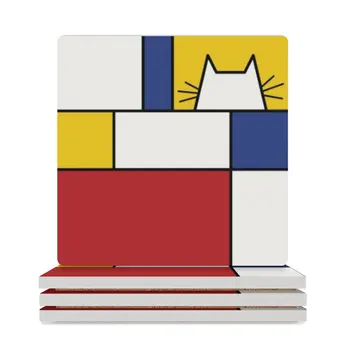 Piet Mondrian Art Cat Геометричен прост полихроматичен дизайн Керамични подложки (квадратни) сладък кухня за чаши комплект плочки Подложки