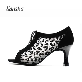 Sansha Дамски сатенени обувки за латино танци 7.5CM височина ток черен леопард салса танго танци обувки за момичета дами BR301938PU