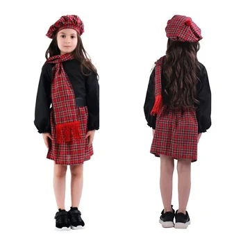 Scotch момиче Шотландия костюм главата рокля шапки шал бебе момичета пълен костюм деца Хелоуин шотландски килт косплей рокля