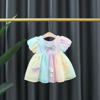 бебе момиче принцеса рокля бебе рожден ден парти рокля детски цветни лък балон ръкави красиви дрехи