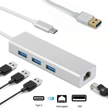 50pcs Type-C USB 3.1 Type C към USB3.0 3.0 2.0 HUB 3 порт с RJ45 100Mbps 1000Mbps Gigabit Ethernet Lan мрежова карта адаптер