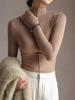 Korea стилен есен дамски тениски модален наслояване база пачуърк пълен ръкав зимата тънък елегантен върховете женска блуза