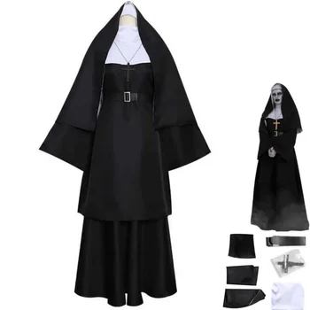 Реколта средновековна мисионерска монахиня косплей костюм свещеник черна роба рокля възрастен мъж жена религиозни благочестиви католическа църква костюм