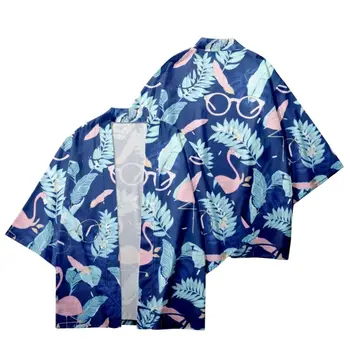 карикатура фламинго листа отпечатани мъже жени кимоно плажни шорти улично облекло хлабав японска риза Haori жилетка косплей юкат