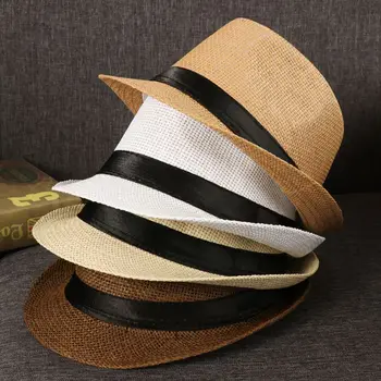 Лятна гангстерска шапка Мода Плаж Шапка за слънце Широка периферия Слама Панама Шапка Ежедневна джаз рокля Шапка Каубой за жени Мъже
