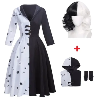 Cruella De Vil Cosplay костюм 2 стилове жени рокля черно бяло прислужница рокля с ръкавици сива врана пола перуки екипировки Хелоуин парти