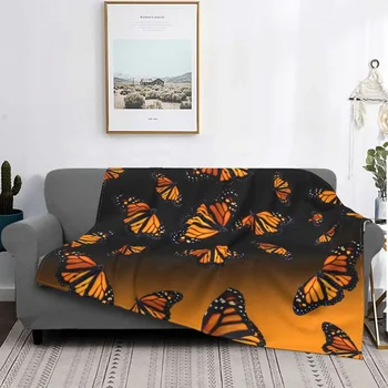 Orange Monarch Butterflys Blanket Velvet Print Art Multi-function Super Warm Throw Blankets for Bed Couch Bedcovers