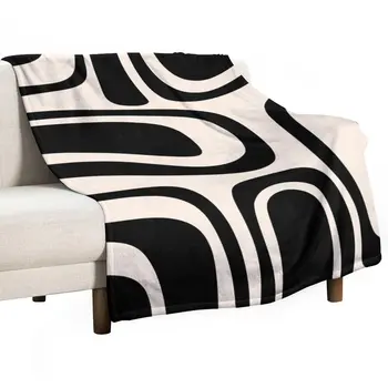 Palm Springs Retro Midcentury Modern Abstract Pattern in Black and Almond Cream Throw Blanket Plaid on the sofa Shaggy Blanket