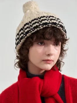 Жените раирана плетена шапка удебелена топла за есента зима мода женски плета защитна капачка за уши All-Match