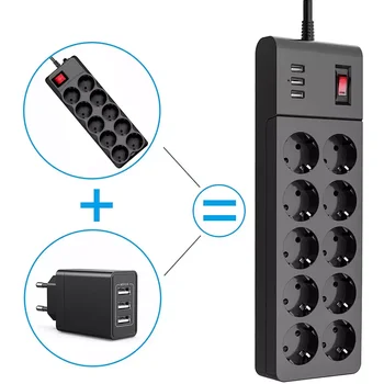 4000W 10 начина Множество електрически контакти за захранване 16A таблети Travel EU Plug Outlets 2M удължителен кабел с 3 USB порта