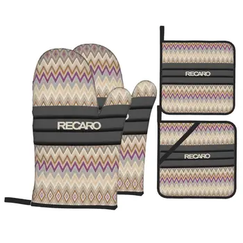 Recaros Logo Ръкавици за фурна и държачи за саксии Комплекти от 4 персонализирани топлоустойчиви неплъзгащи се кухненски ръкавици за барбекю за печене
