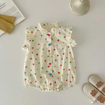2023 Нова цветна точка печат бебе без ръкави ризи боди памук бебе момиче тънък гащеризон малко дете летни дрехи 0-24M