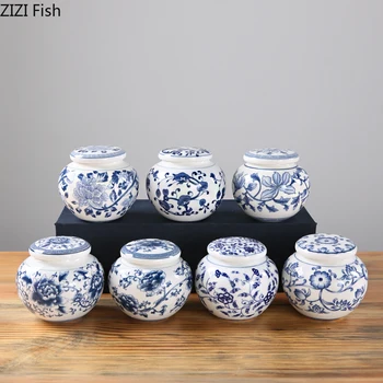китайски стил синьо и бяло порцеланов чай Caddy домакинство малки бонбони запечатани съхранение буркан изкуство керамични кухненски консумативи за съхранение