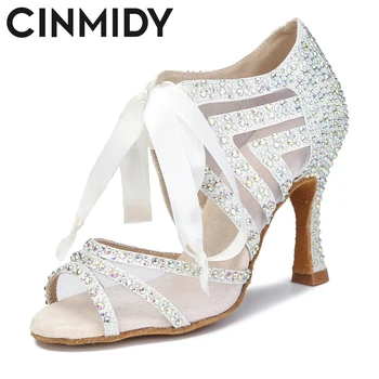 CINMIDY Бални танцови обувки с кристал салса танго обувки за танци високи токчета латино танц обувки жена вътрешни сандали