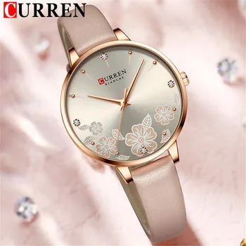 CURREN Дамски часовник Топ марка луксозен женски водоустойчив часовник сив естествена кожа гривна мода цвете дами ръчен часовник 9068