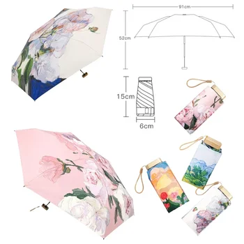 Цветя пътуване чадър за жена микро мини ръчно компактен чадър роза живопис с маслени бои чадър розово с многоцветен