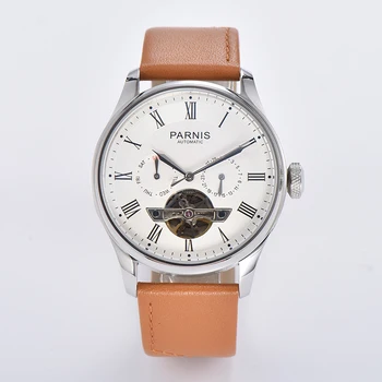 Fashion Parnis 43mm сребърен калъф Автоматичен механичен мъжки часовник Кожена каишка Календар Спортни мъжки часовници reloj hombre Man Clock
