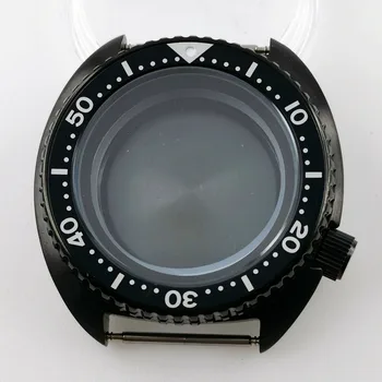  напълно черен PVD 45 мм часовник случай годни за NH35A NH36A движение 50M водоустойчив черна глава пръстен сплав панел вмъкване сапфир стъкло
