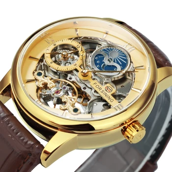 Forsining Gold Automatic Mechanical Luxury Skeleton Tourbillon Watch for Men Moon Phase Man Wristwatches Sub-Dial reloj hombre