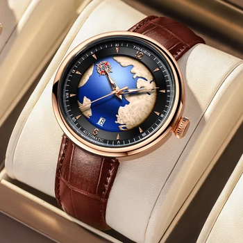 Топ продажба Високо качество Bule Dial Земята дизайн механични мъжки часовник водоустойчив relogios masculino