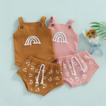 0-18M Бебешки момичета Гащеризон Комплекти Лято без ръкави Rainbow Print Suspender Romper + Шорти с шнур 2бр Ежедневни комплекти дрехи