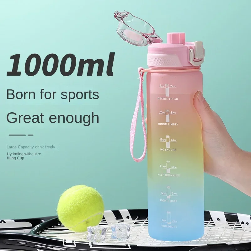 1 литър спортна бутилка за вода с маркер за време Непропусклива чаша Мотивационна преносима бутилка за вода за открит спорт фитнес