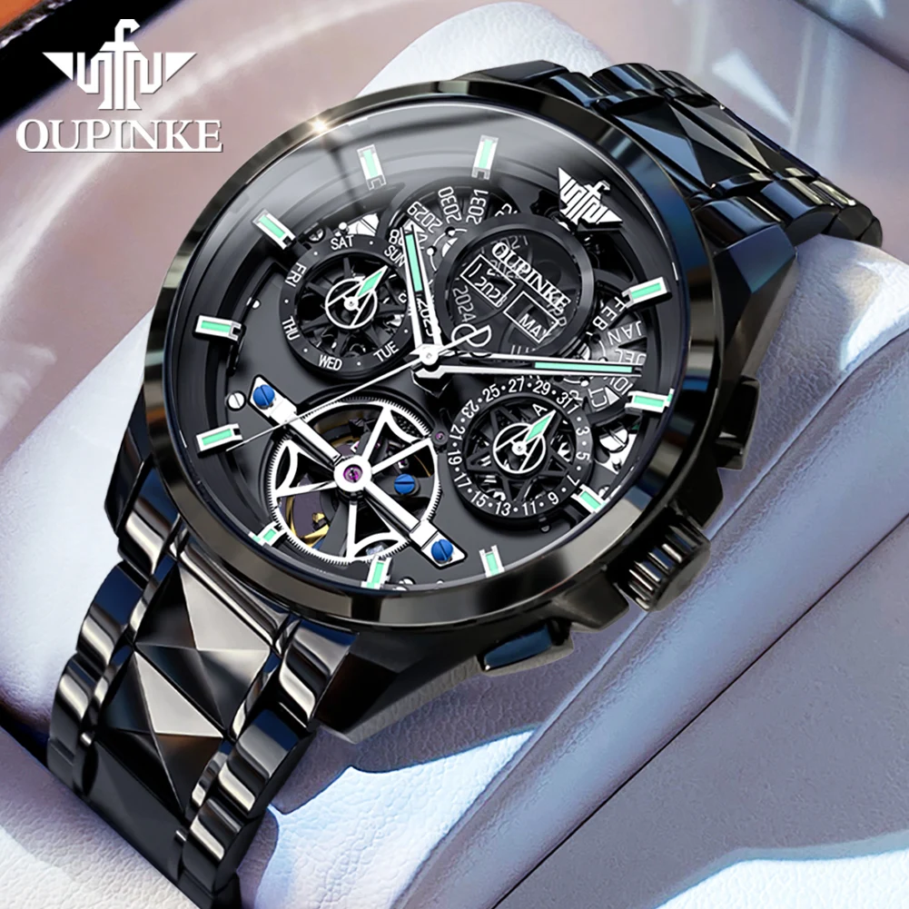 OUPINKE Автоматичен механичен часовник за мъже водоустойчив висококачествени мъжки часовници Луксозен скелет черен циферблат бизнес ръчен часовник