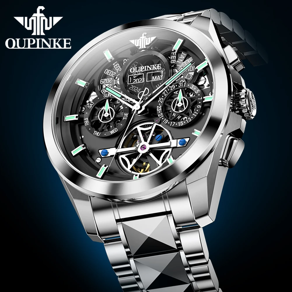 OUPINKE Автоматичен механичен часовник за мъже водоустойчив висококачествени мъжки часовници Луксозен скелет черен циферблат бизнес ръчен часовник