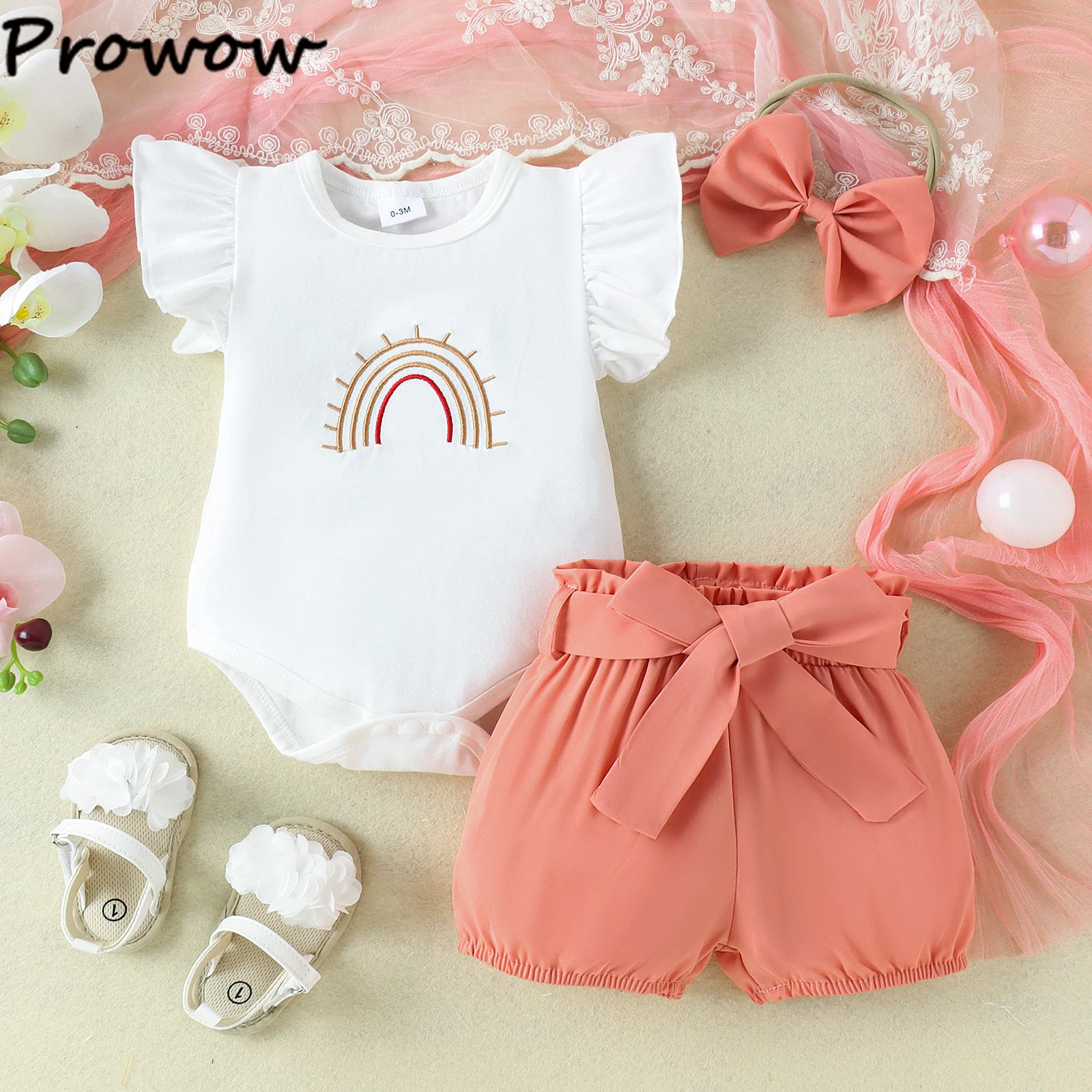 Prowow 0-18M Летни бебешки момичета облекло комплекти Fly ръкав бродерия дъга + колан шорти новородени дрехи момичета за бебета