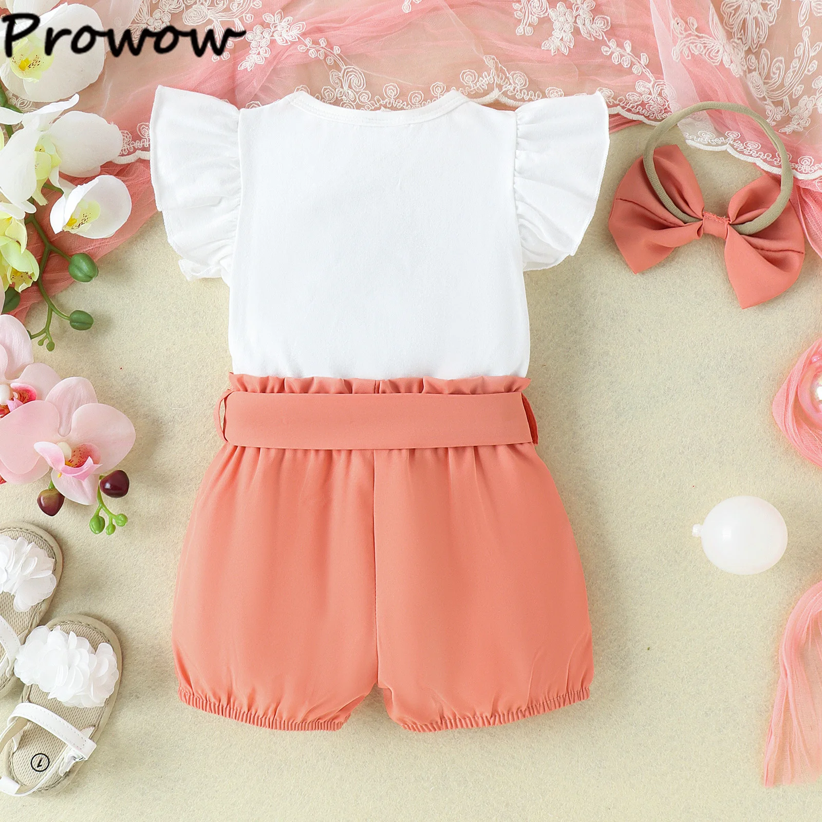 Prowow 0-18M Летни бебешки момичета облекло комплекти Fly ръкав бродерия дъга + колан шорти новородени дрехи момичета за бебета