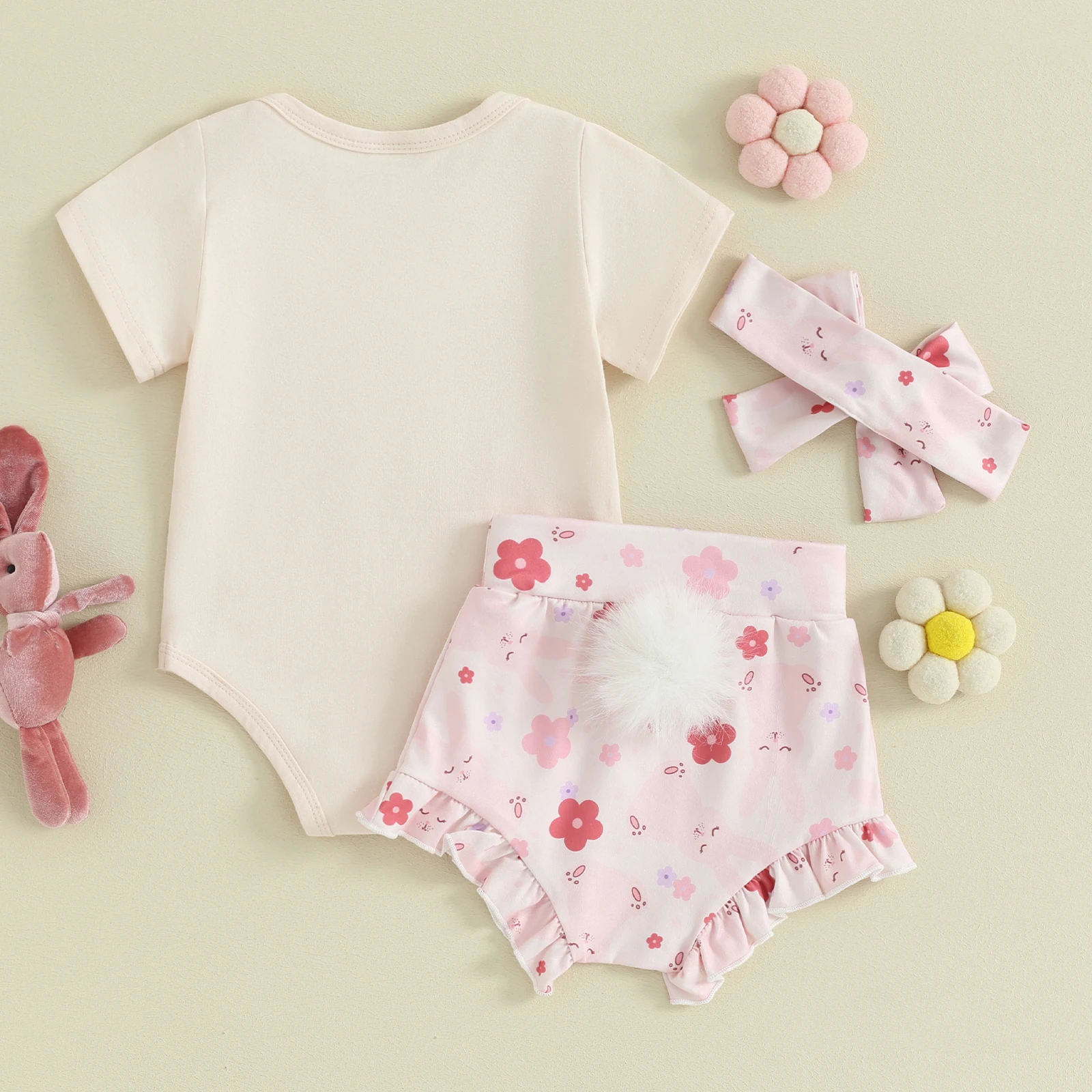 Бебе бебе момичета 3бр дрехи костюм летен печат къс ръкав гащеризон + флорални шорти + лента за глава деца 18-24 месеца дрехи