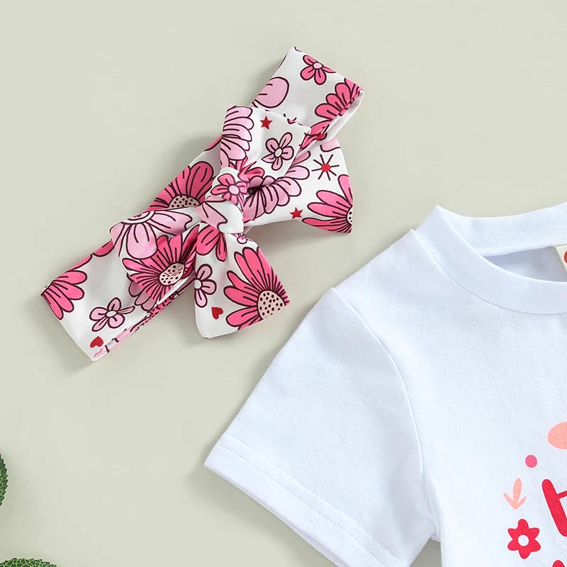 Ден на майката Бебешки момичета екипировки лято писмо печат къс ръкав тениска и случайни флорални панталони ленти за глава комплект