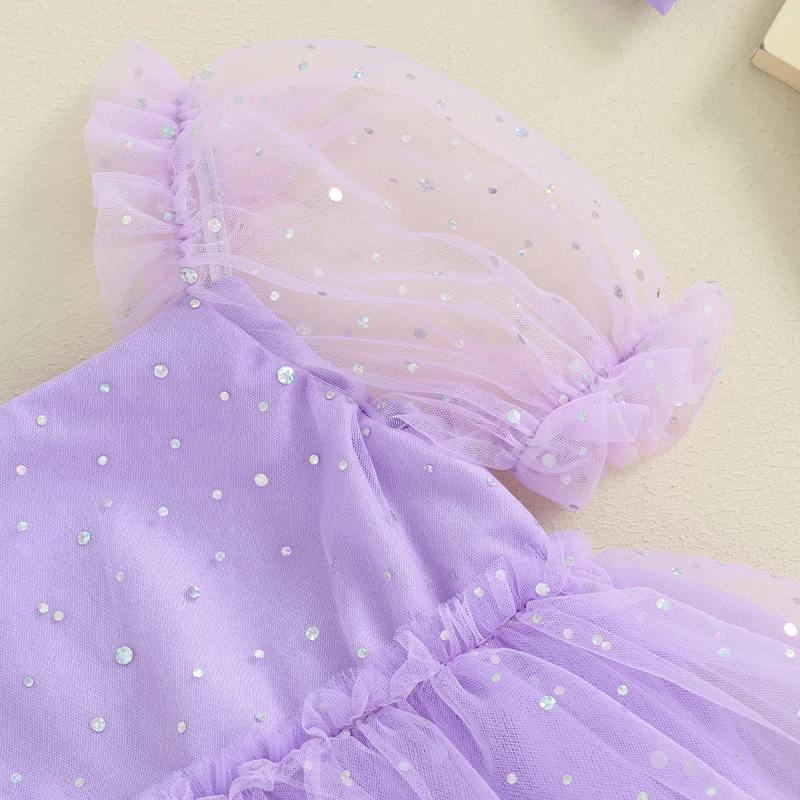 Новородено бебе момичета ританки рокля пайети къс ръкав окото тюл пола подгъв бебе бодита летни дрехи с лента за глава