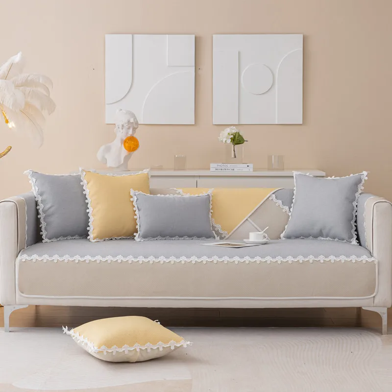 Памук и лен диван възглавница четири сезона универсален прост модерен нехлъзгащ кожен диван покритие плътен цвят възглавница обратно капак