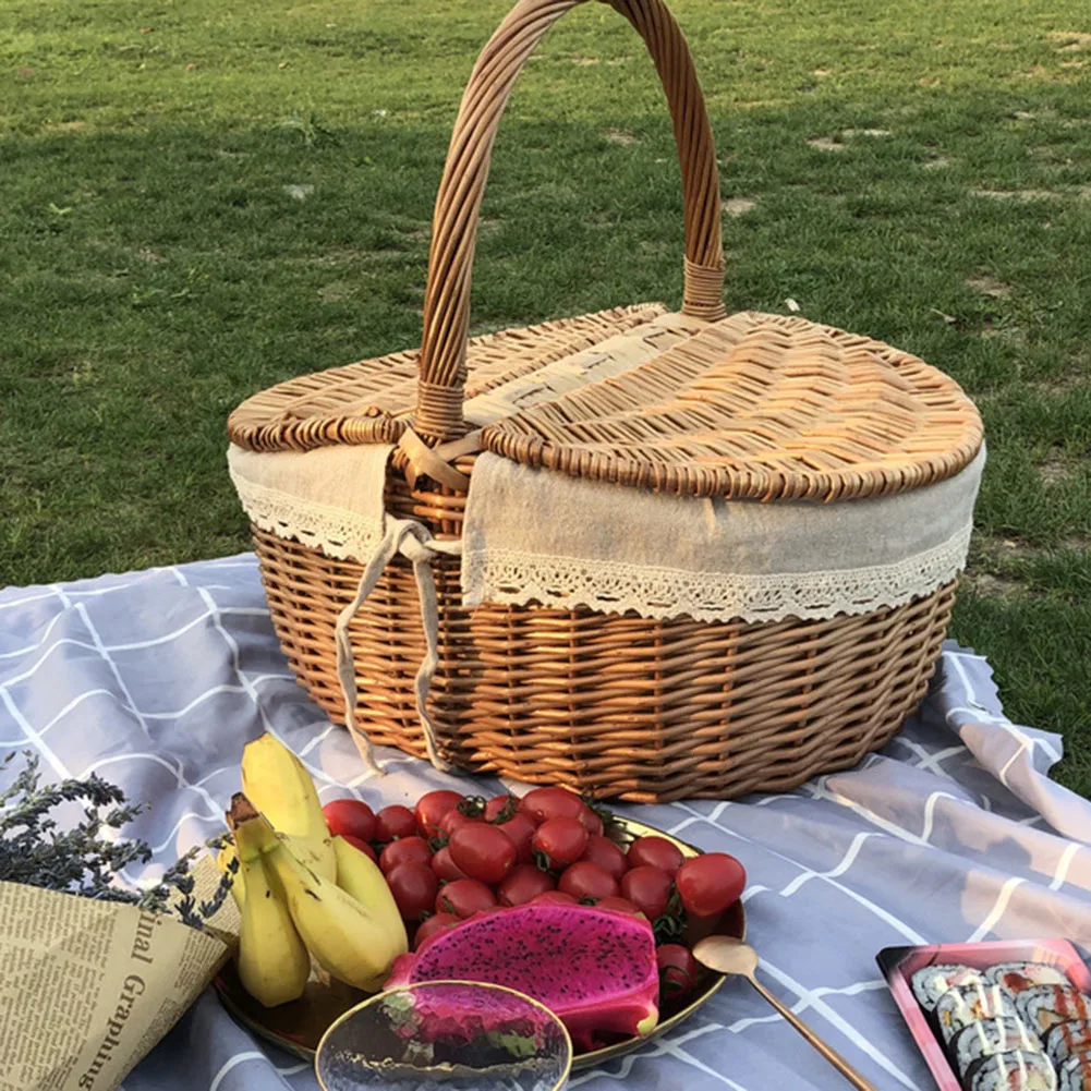 Ръчно изработени ракита пикник кошница с дръжка пикник върба тъкани съхранение пречат на открито къмпинг пикник плодове кошница контейнер